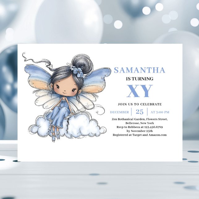 Ängslika Blå Sagotjej 3-års Födelsedags Magisk Inb Inbjudningar (Angelic Blue Fairy Girl 3rd Birthday Magic invitation)