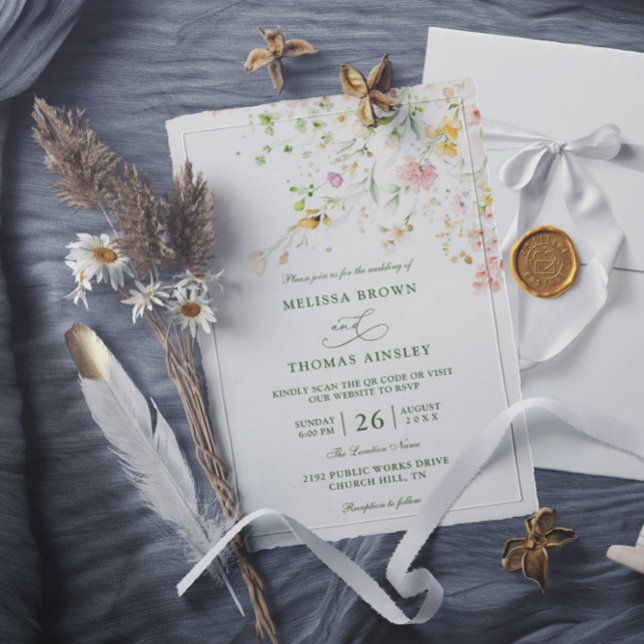 Ängsvilda blommor Boho Budget QR-kod Bröllop Inbjudningar (Skapare uppladdad)