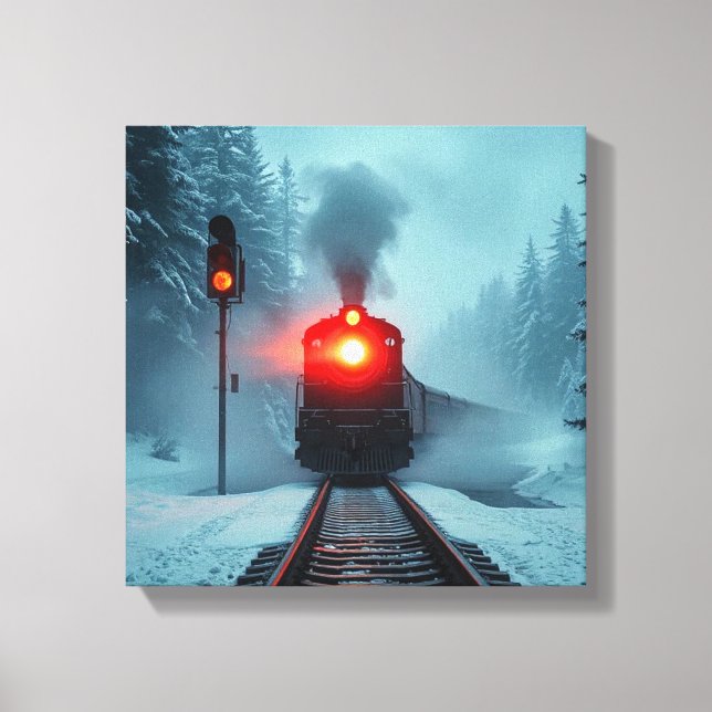"Ångtåg i snöig vinterskog" Canvastryck (Framsida)
