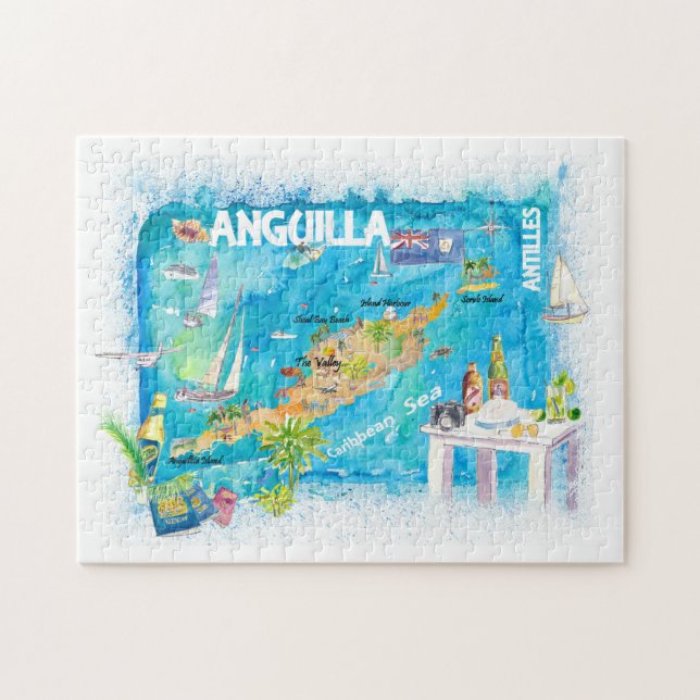 Anguilla Antilles Illustrated Caribbean Travel Kar Pussel (Horisontell)