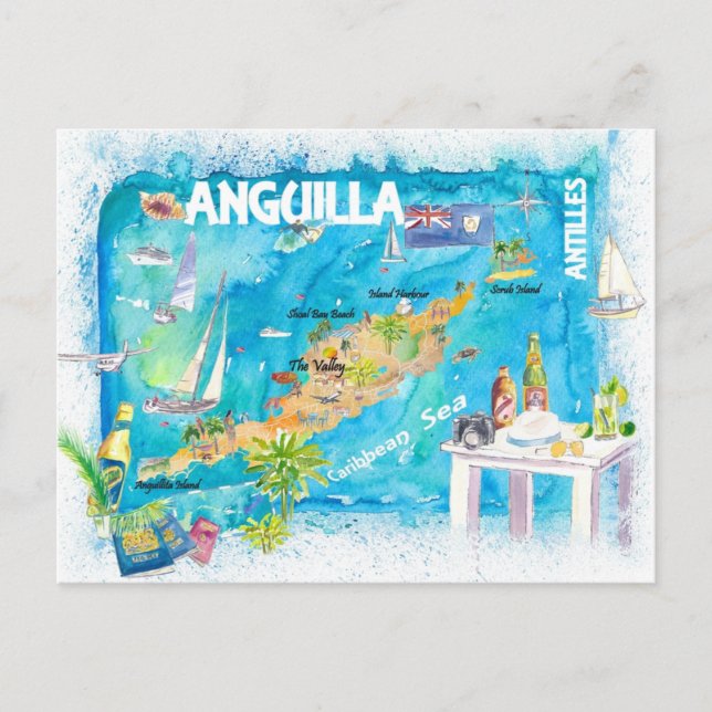Anguilla Antilles Illustrated Caribbean Travel Kar Vykort (Framsida)