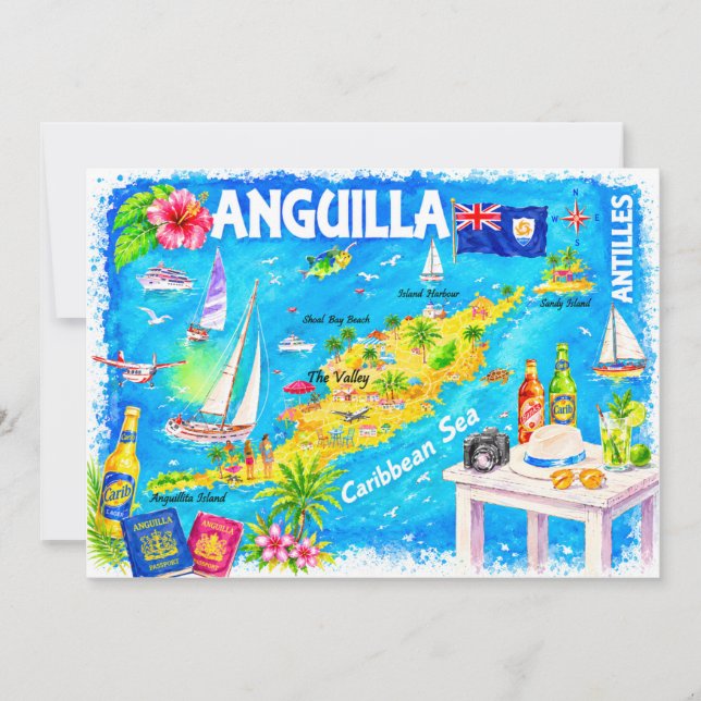 Anguilla Karibiskt akvarellkart vykort (Framsida)