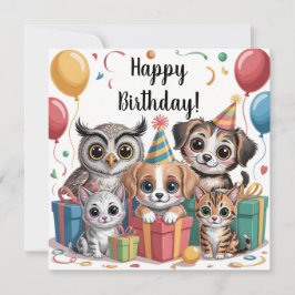Animal Party Illustration with Puppies, Kittens Kort