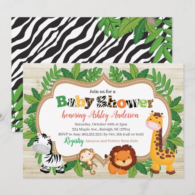 Animal Safari Jungle Baby Shower Inbjudningar (Fram/baksida)