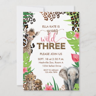 Animal Safari Third Birthday Young Vild and Three Inbjudningar