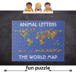 Animalisk Brev World Map Alphabet Jigszle Puzzle Pussel<br><div class="desc">Den här designen har en färglös världskarta med sött brev från djur. Pussel är en underbar aktivitet som bygger fingerfärdighet. Gör en underbar gåva! Finns med blå bakgrund som havet eller dramatiskt svart.</div>