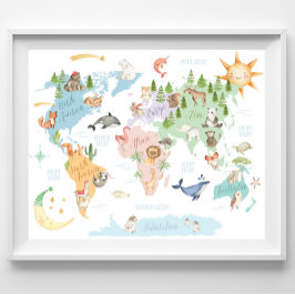 Animalisk World Map Kids Print, Djur i världen Poster