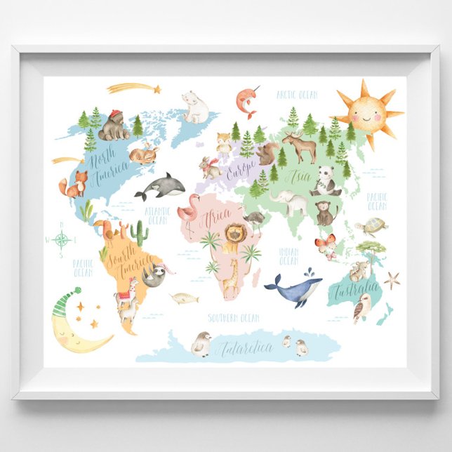 Animalisk World Map Kids Print, Djur i världen Poster (Skapare uppladdad)