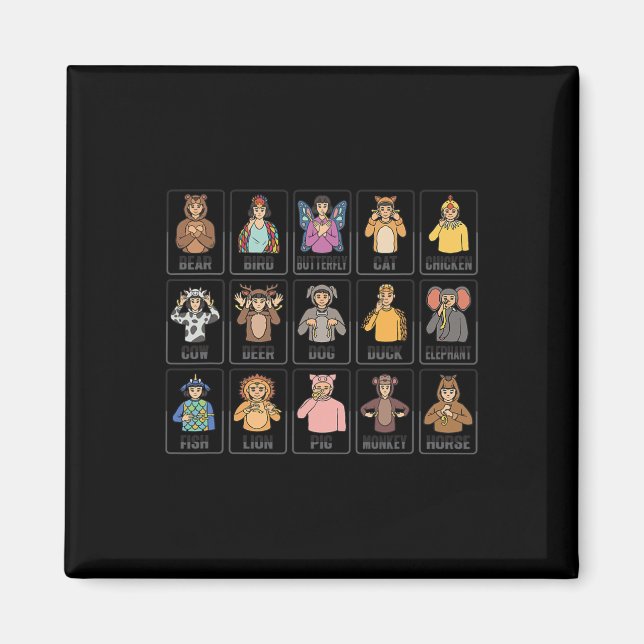 Animaliska ASL Hand Gesture Animals Döv Hörselförl Magnet (Framsidan)