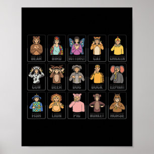 Animaliska ASL Hand Gesture Animals Döv Hörselförl Poster
