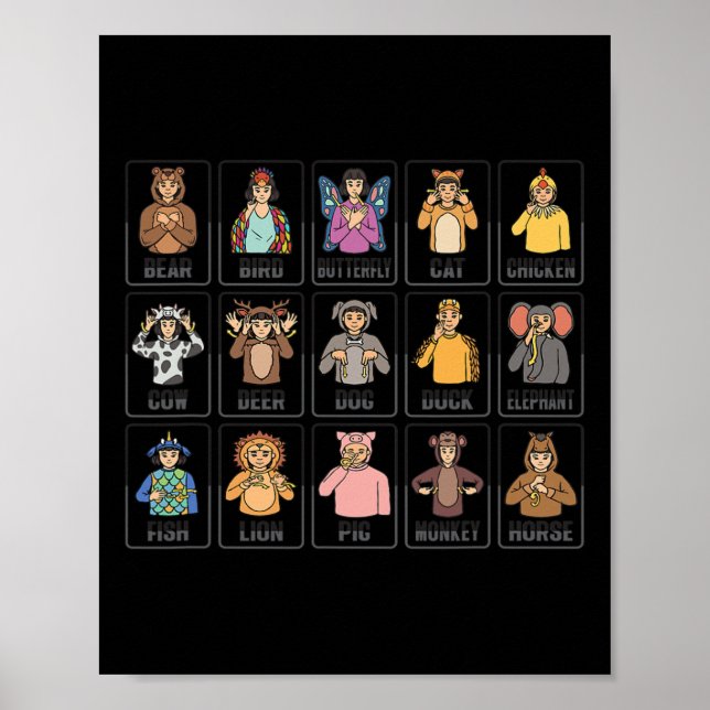 Animaliska ASL Hand Gesture Animals Döv Hörselförl Poster (Framsidan)