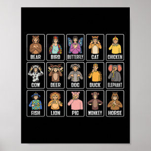 Animaliska ASL Hand Gesture Animals Döv Hörselförl Poster