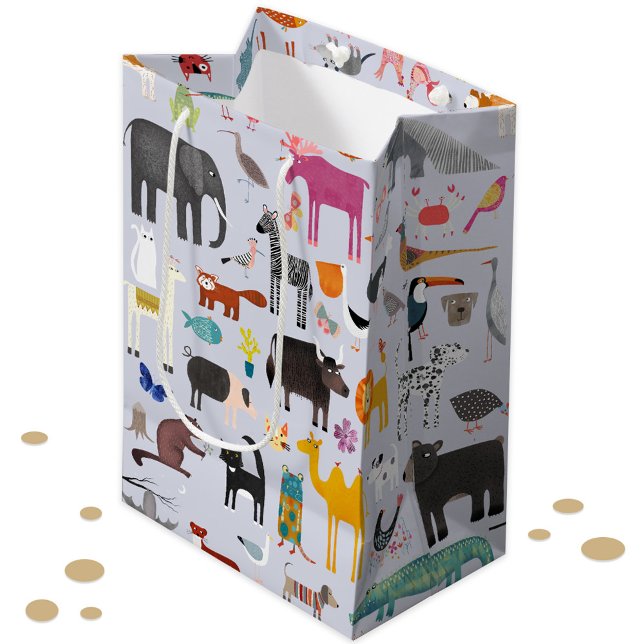Animaliska menagerier (Fun animal menagerie with wild, safari, zoo and pet animals and birds pattern gift bag)