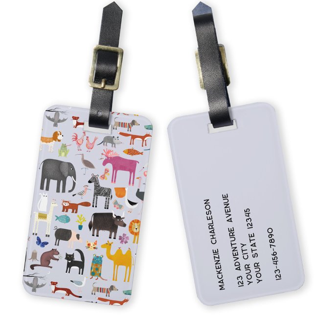 Animaliska menagerier bagagebricka (Fun animal menagerie with wild, safari, zoo, pet animals and birds pattern personalized luggage tag)