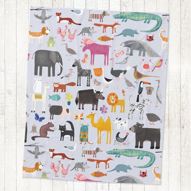 Animaliska menagerier fleecefilt (Fun animal menagerie with wild, safari, zoo, pet animals and birds pattern fleece blanket)