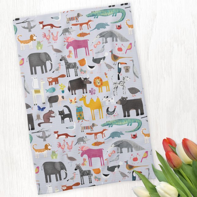 Animaliska menagerier kökshandduk (Fun animal menagerie with wild, safari, zoo and pet animals and birds pattern kitchen towel)