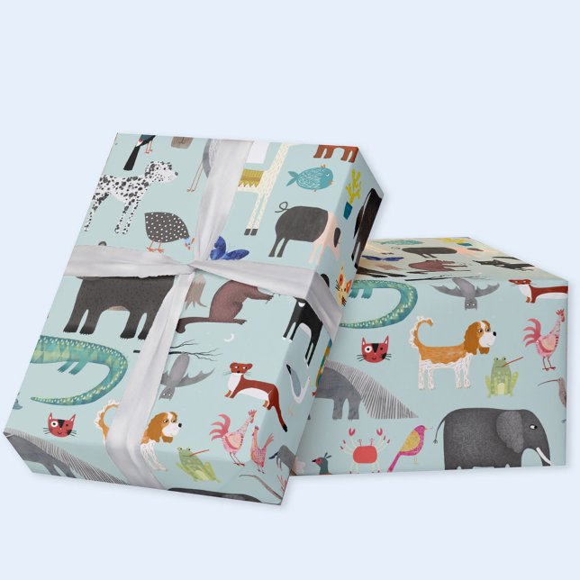 Animaliska menagerier presentpapper (Fun animal menagerie gift wrapping paper with wild, safari, zoo, pet and farm animals)