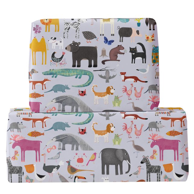 Animaliska menagerier presentpapper (Fun animal menagerie with wild, safari, zoo and pet animals and birds pattern gift wrapping paper)