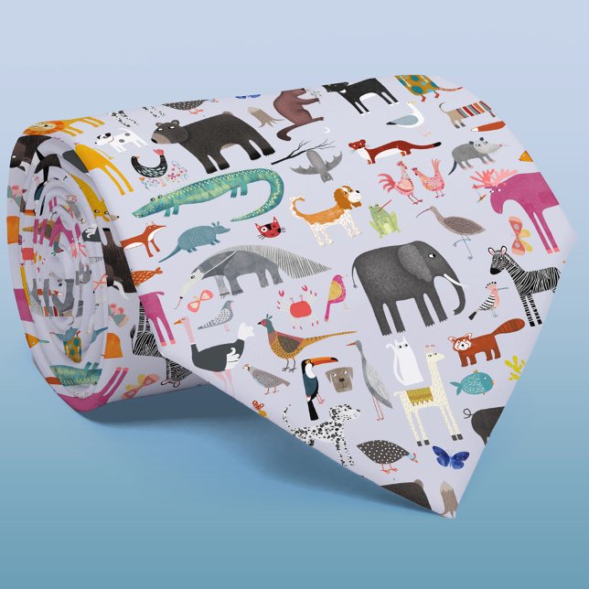 Animaliska menagerier slips (Fun animal menagerie with wild, safari, zoo, pet animals and birds pattern neck tie)