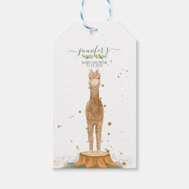 Animals Alpaca script baby shower birthday Presentetikett (Framsidan)