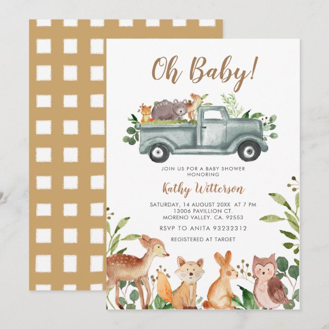 Animals jungle Lastbil Baby Shower-inbjudan Inbjudningar (Fram/baksida)