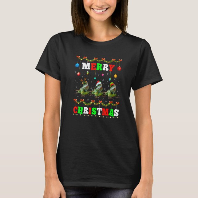 Animals Lights Merry Christmas Santa Iguana T Shirt (Framsida)