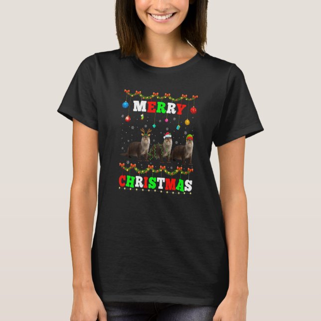 Animals Lights Merry Christmas Santa Otter T Shirt (Framsida)