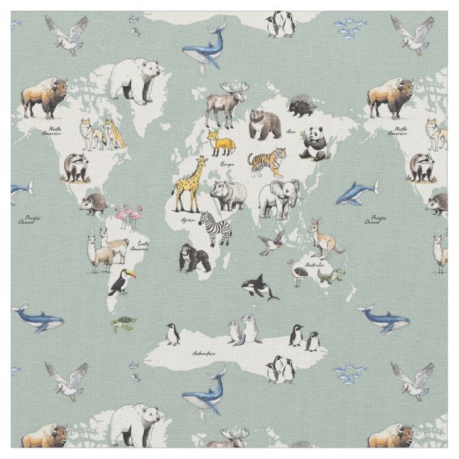animals of the world nursery map - mint  tyg (Närbild)