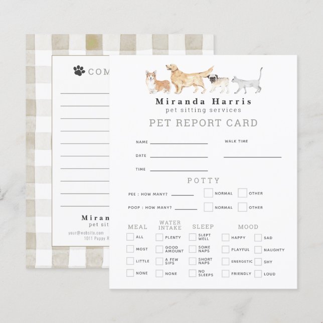 Animals Pet Sitter Dog Walker Pet Report Card (Fram/baksida)