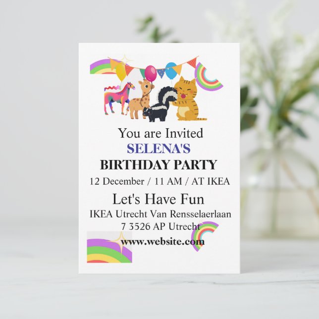 Animals & Rainbows Birthday Party Invitation Tack Kort (Stående Fram)