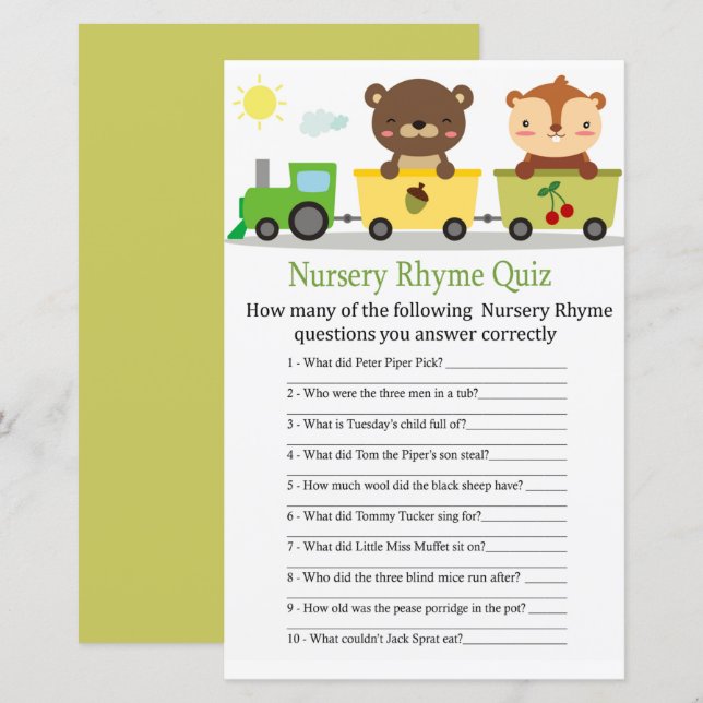 Animals tåg Nursery Rhyme Quiz babyduschspel (Fram/baksida)