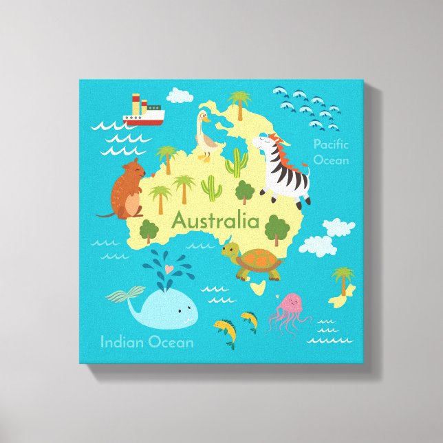 Animals World Map of Australia För barn Canvastryck (Framsida)