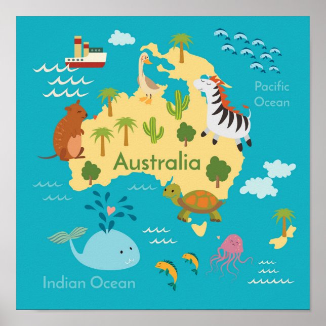 Animals World Map of Australia För barn Poster (Framsidan)