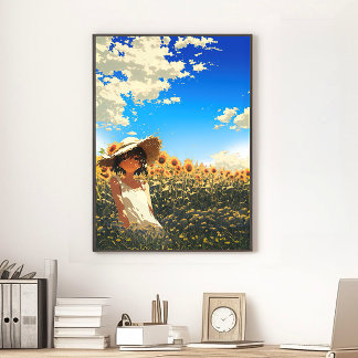 Anime Aesthetic Japanese Summer Sunflower Field Poster