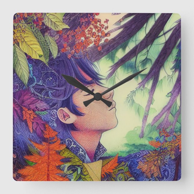 Anime Artwork Male Forest - Japan Manga Stil Fyrkantig Klocka (Framsida)