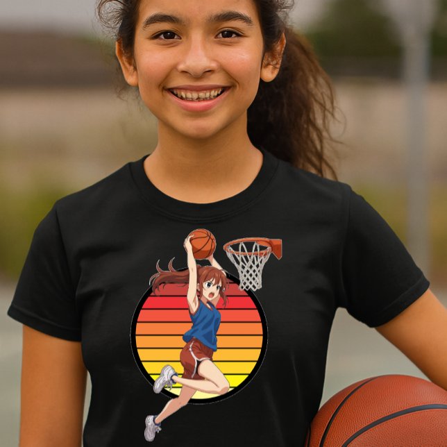 Anime Basketboll Flicka På Retro Solnedgångsmall T Shirt (Skapare uppladdad)