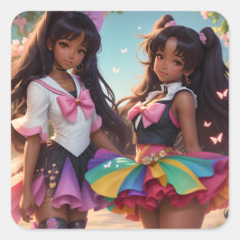 Anime Black Girls Rainbow Animecore Fyrkantigt Klistermärke