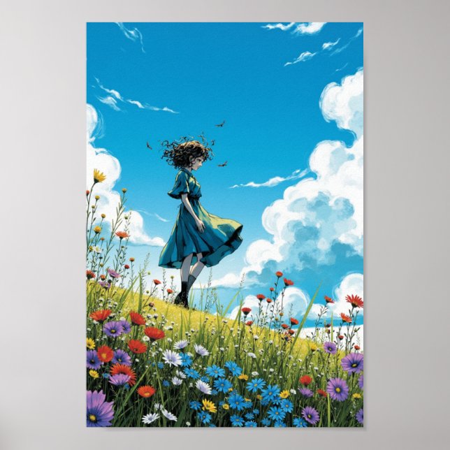 Anime Blåsiga Vildblomster Kulle Väggkonst (Framsidan)