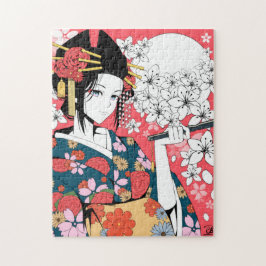 Anime Blommigt Geisha Rosa White Jigszle Puzzle Pussel