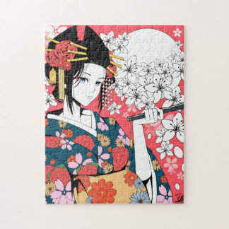 Anime Blommigt Geisha Rosa White Jigszle Puzzle Pussel