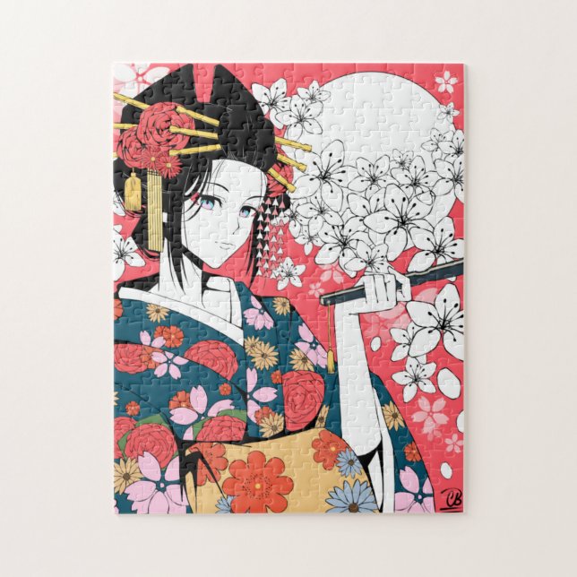 Anime Blommigt Geisha Rosa White Jigszle Puzzle Pussel (Vertikal)