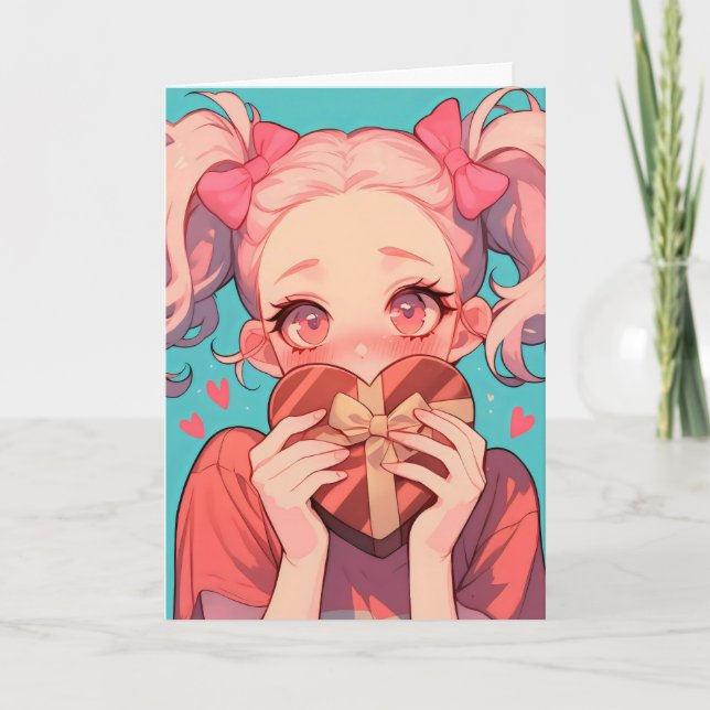 Anime Blond Girl Heart Kärlek Helgkort (Framsida)