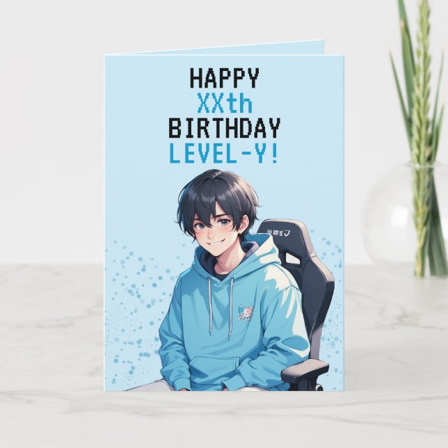 Anime Blue Gamer Personlig Birthday Kort (Framsida)