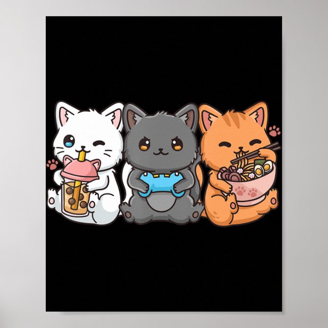 Anime Boba Tea Bubble Tea Gaming Gamer Ramen Cat Poster (Framsidan)