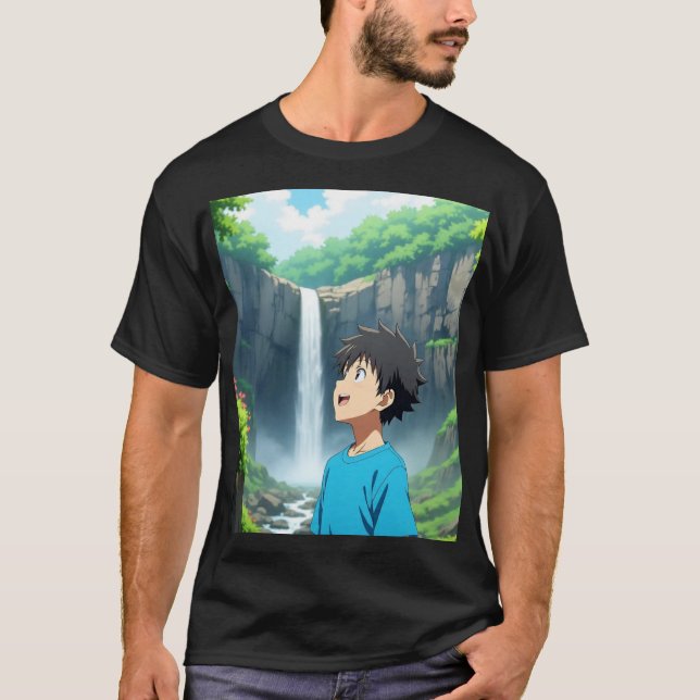 Anime Boy Admiring Waterfall in a Beautiful Nature T Shirt (Framsida)