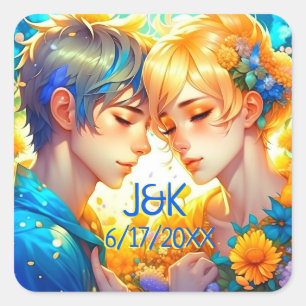 Anime Boy and Girl Blommigt par Personlig Fyrkantigt Klistermärke