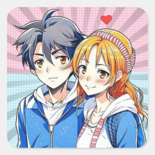 Anime Boy and Girl Couple med hjärta Fyrkantigt Klistermärke