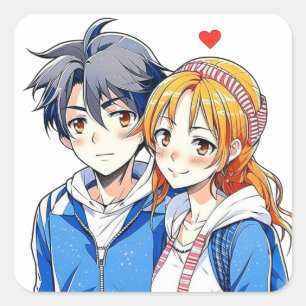 Anime Boy and Girl Couple med hjärta Fyrkantigt Klistermärke