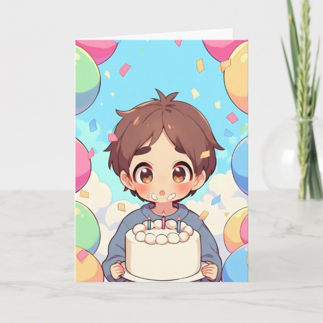 Anime Boy Birthday Cake Colorful Helgkort (Framsida)