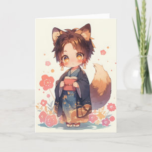 Anime Boy Fox Kitsune Fantasy Helgkort